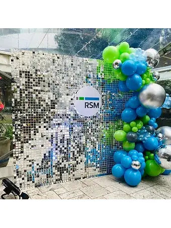Corporate Shimmer Wall backdrop with logo and balloon Garland Display