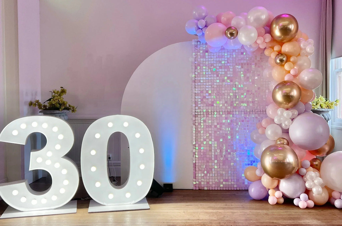 Iridescent Shimmer Wall and Parasail backdrop and light up numbers - Balloonz