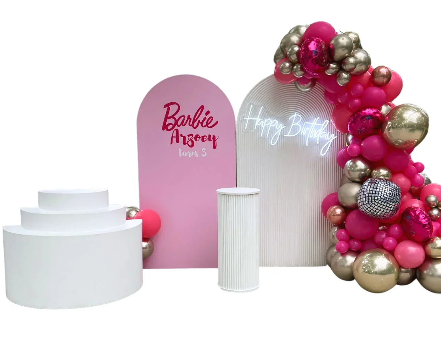 2 archway backdrop with dessert table and custom text - Balloonz