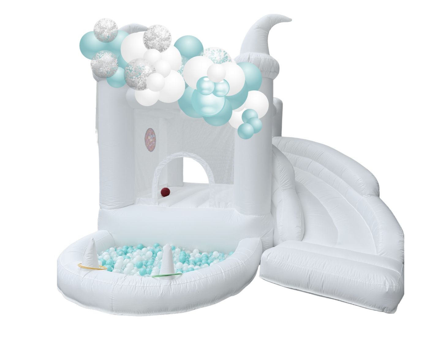 Mini White Bouncy Castle with Ball Pit & Slide – $100 Hire - Balloonz