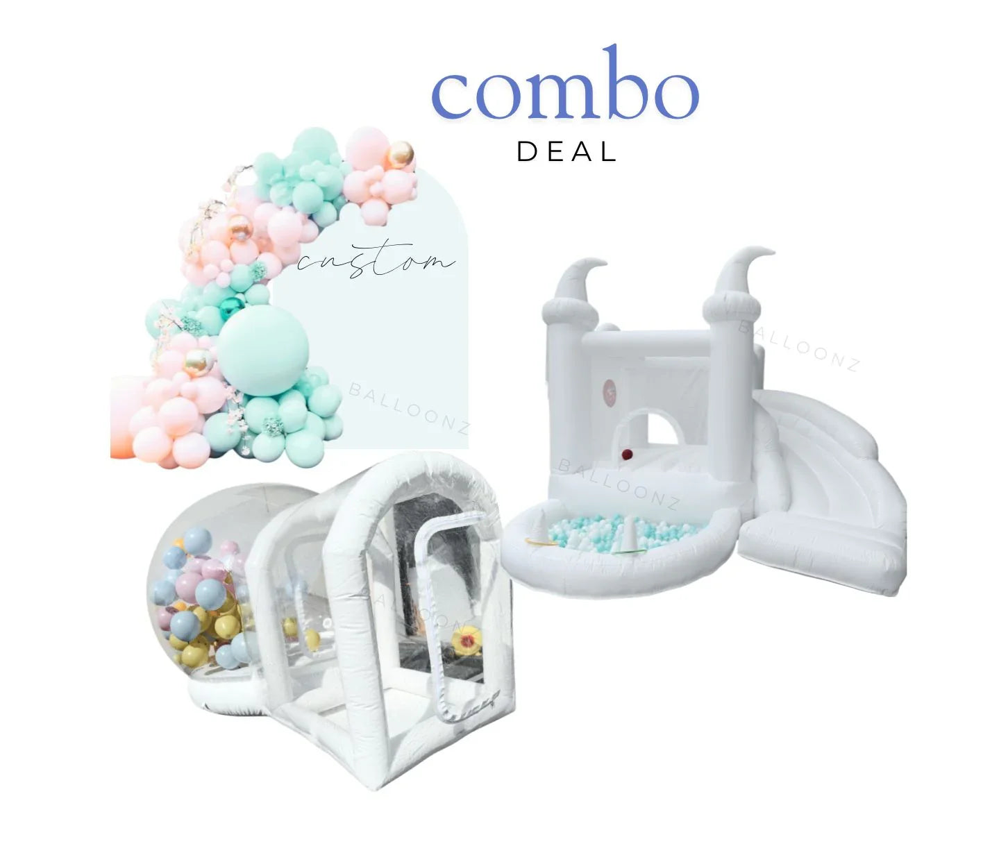 White Bouncy Castle + Bubble House + Aquamarine Balloon Arch Package - Balloonz