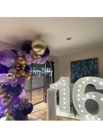 Arch Mesh with Balloon garland and big number with lights inside Hire
