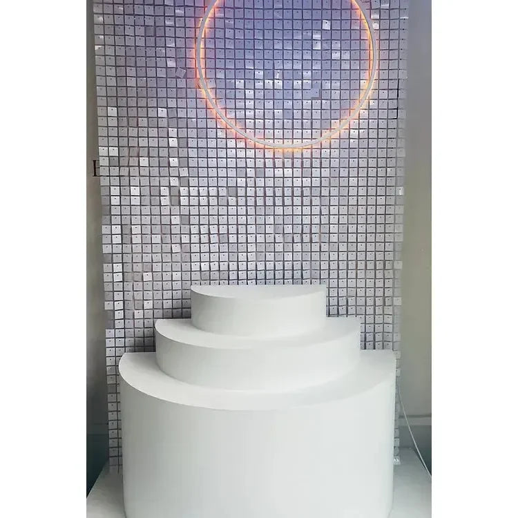 All white shimmerwall hire and half moon table - Balloonz