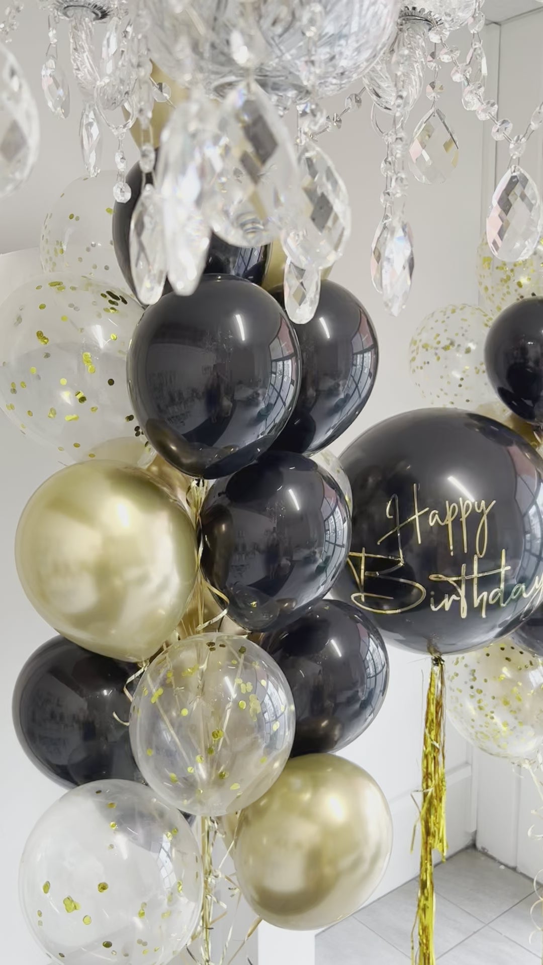 This Black, Gold, And Clear Confetti Personalised Balloon Bouquet