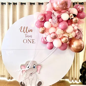 Pink Elephant Backdrop hire with balloons