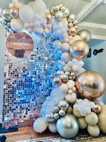 Rose gold shimmer wall with balloons - Balloonz