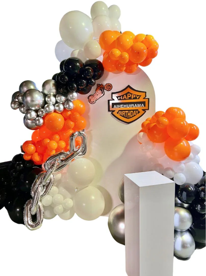 Harley Davidson themed balloon backdrop and cake plinth - Balloonz