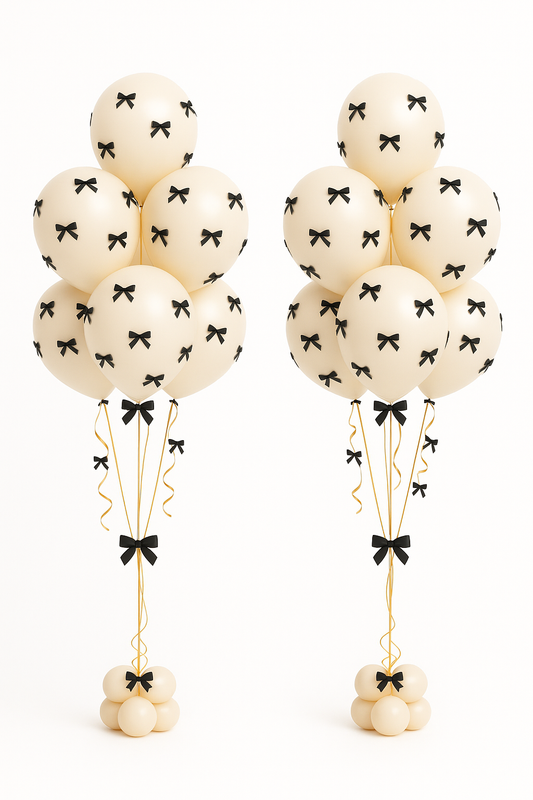 Retro White Helium Balloons with Black Satin Bows – 8 Balloon Bouquet - Balloonz