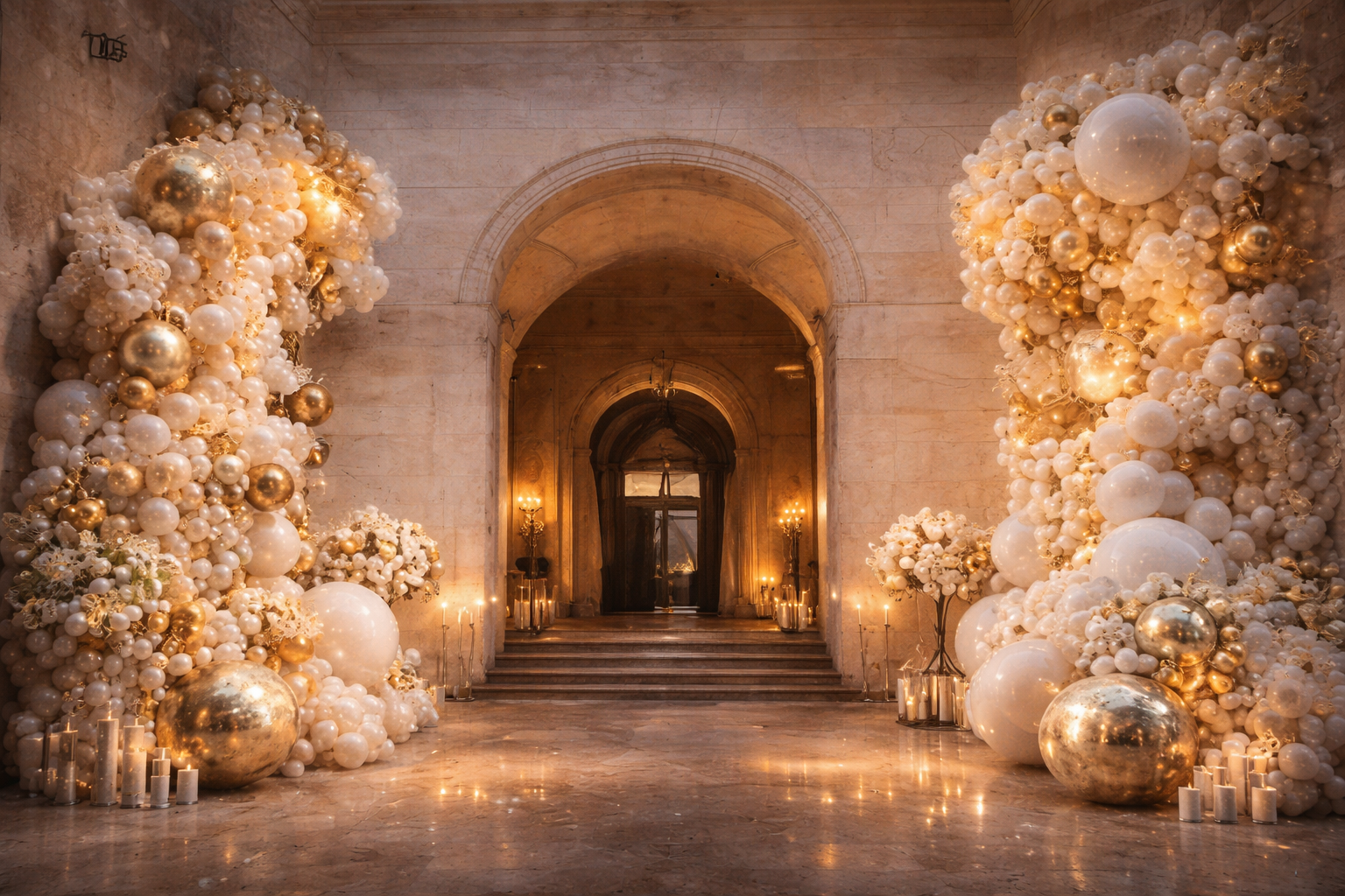 Decorative arches made of balloons in a grand hallway