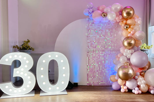 Iridescent Shimmer Wall and Parasail backdrop and light up numbers  Balloonz   