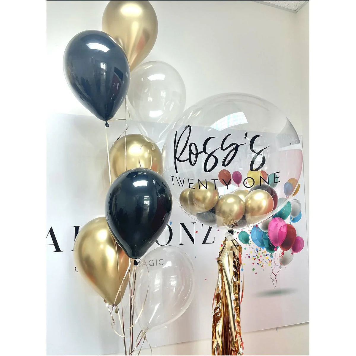 Personalised clear bubble balloon bouquet — alternate arrangement