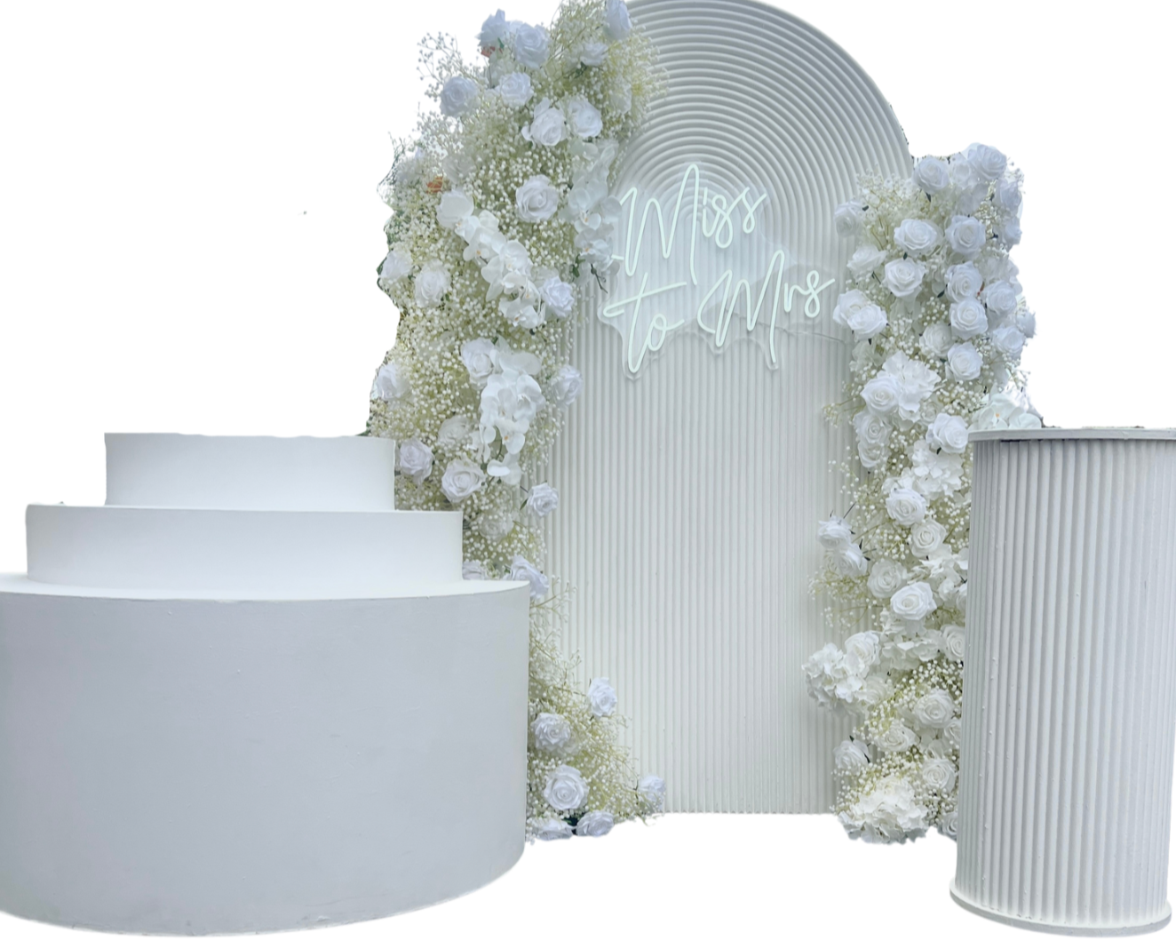 ‘Miss to Mrs’ Backdrop with dessert table and cake table. backdrop hire Balloonz   
