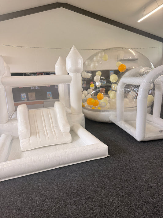 White bouncy castle and clear Bubble House combo hire by Balloonz Auckland