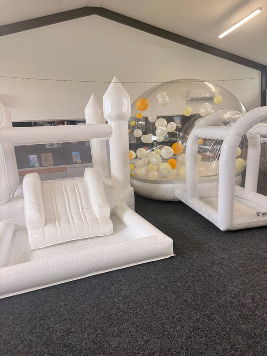 Clear Bubble House with white bouncy castle combo at the Balloonz workshop