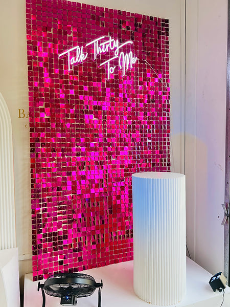 Hot Pink Shimmer wall and neon signage Hire