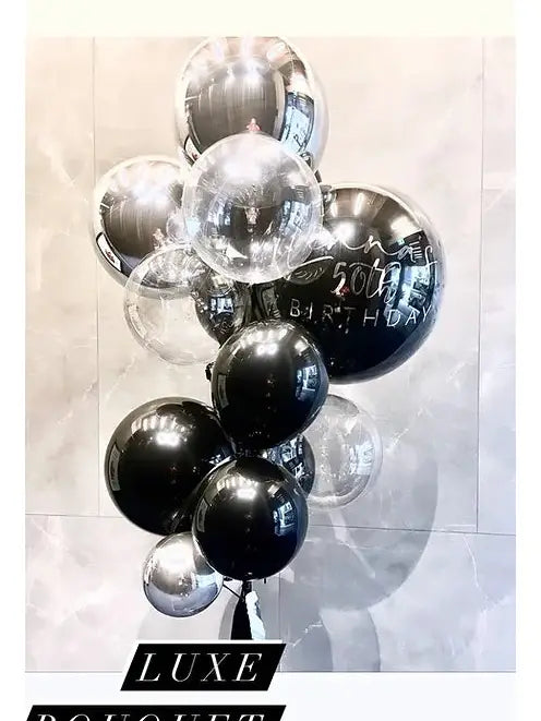 Luxe Bouquet Double Balloons, Black and Clear, custom text