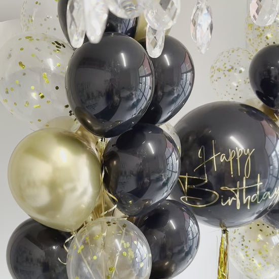 This Black, Gold, And Clear Confetti Personalised Balloon Bouquet